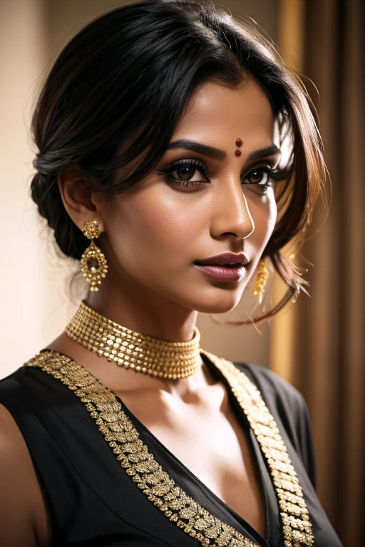 Portrait of most beautiful and attractive Indian woman in her 30s as a beautiful female model, beautiful face, dramatic lighting, trending on art-station, portrait, digital art, modern, sleek, highly detailed, formal, determined, pink liner lipstick, soft lips, black eyes, happy, [[Short and Sassy]]