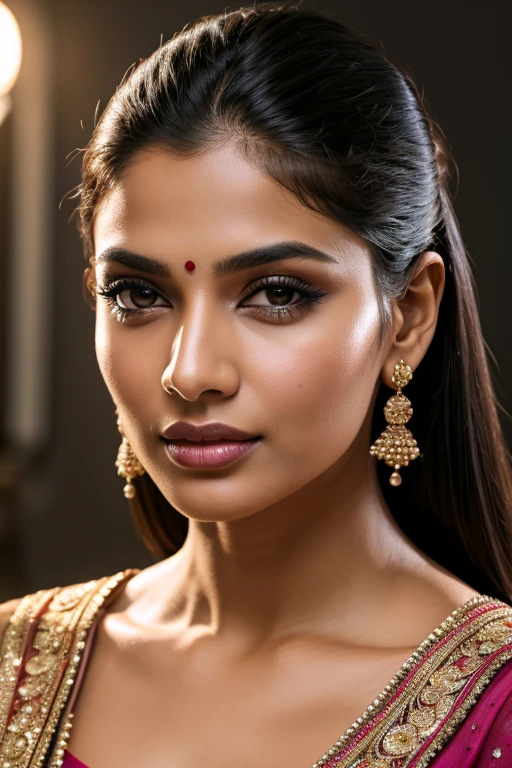 Portrait of most beautiful and attractive Indian woman in her 30s as a beautiful female model, beautiful face, dramatic lighting, trending on art-station, portrait, digital art, modern, sleek, highly detailed, formal, determined, pink liner lipstick, soft lips, black eyes, happy, [[Short and Sassy]]
