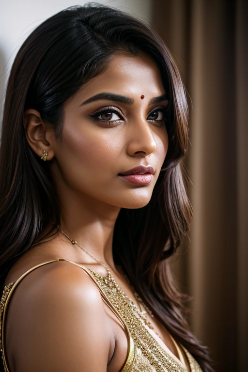 Portrait of most beautiful and attractive Indian woman in her 30s as a beautiful female model, beautiful face, dramatic lighting, trending on art-station, portrait, digital art, modern, sleek, highly detailed, formal, determined, pink liner lipstick, soft lips, black eyes, happy, [[Short and Sassy]]