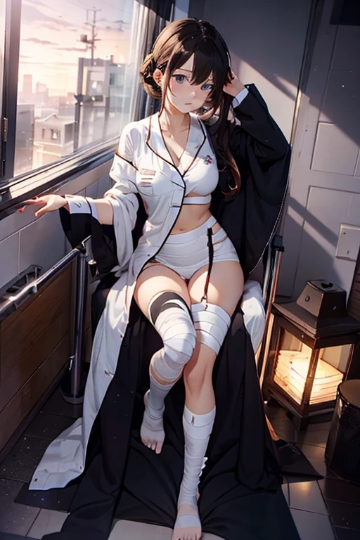 Best Quality, masutepiece, 超A high resolution、(((Full body bandage)))、Lying in a hospital bed、((Painful expression))、Neat and clean woman、wearing pajama