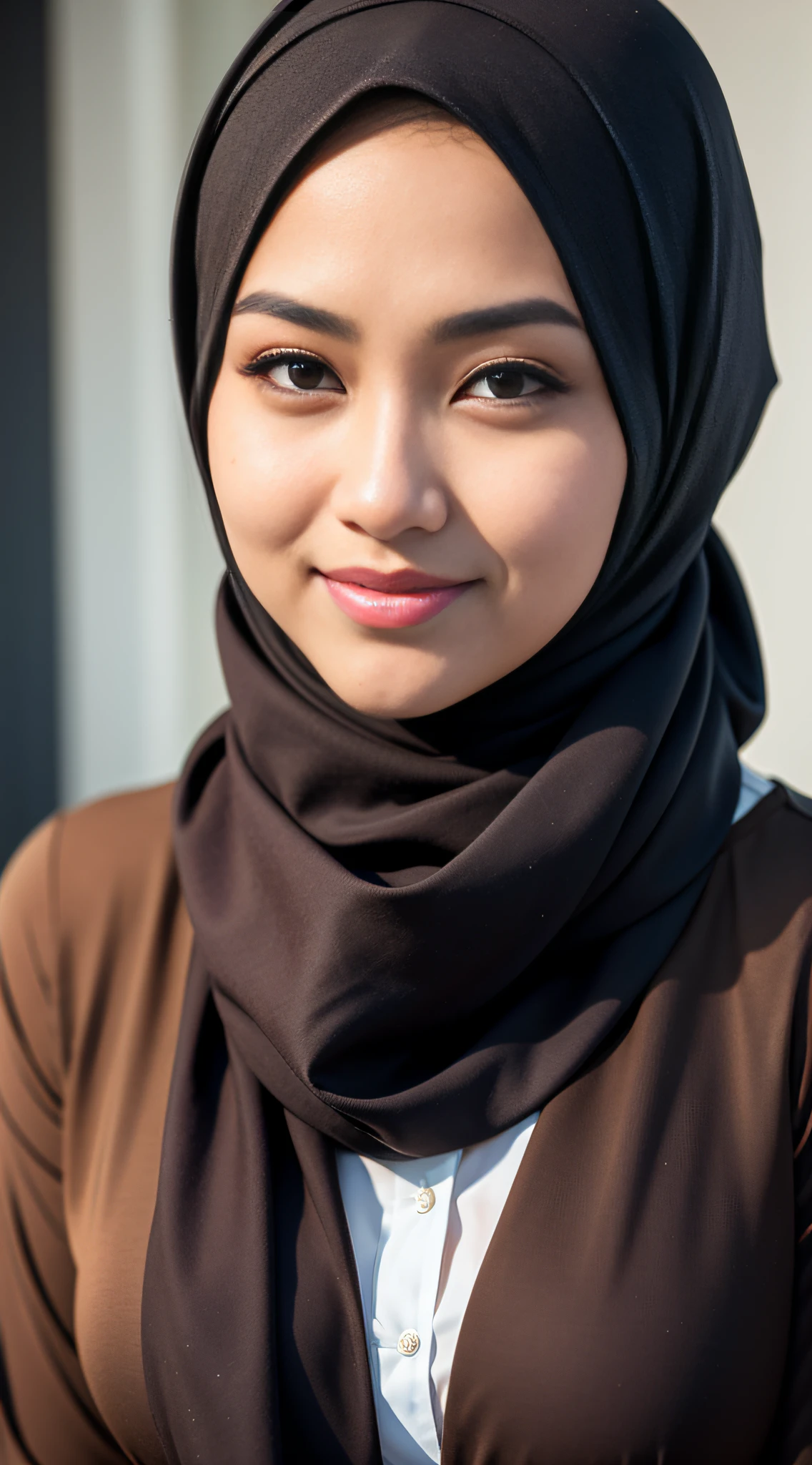1 malay girl , modern plain hijab, shy, medium portrait shot , watery eyes ,lip watery, lip glossy, open mounth, big breast, 1 Malay girl, modern plain hijab, shy, medium portrait, watery eyes, RAW, Best quality, high resolution, masterpiece: 1.3), beautiful Malay woman in hijap:0.8),perfect nose,perfect lips, perfect eyes, detail :1.2), beautifull face, soft smile,Beautiful woman wearing a hijap, a woman in a brown dress and a brown scarf, hijab, moles under the eyes, Beutifull girl, lovely smile, lovely woman, with lovely look, with a beautifull smile, cute beautiful,((close up))