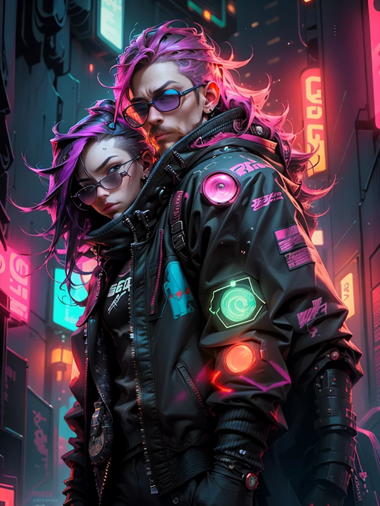 Man and girl taking selfie, hiquality, 4K HD, ultrarealism, Cyberpunk man with a red beard and mustache, Male body replacement, girl body replacement, Man in cyberpunk sunglasses with red lights, Cyberpunk girl with blond hair, sky scrapers, Awesome cyberpunk city, Seat belts, inspired by Harajuku, Eye-catching accessories, Fashionable and innovative hairstyle, Dazzling cyberpunk cityscape, Skyscrapers, glowing neon signs, LED lights, anime illustration, detailed skin texture, detailed cloth texture, Beautiful Detail Face, intricate details, Ultra Detailed, Cinematic lighting, strong contrast.