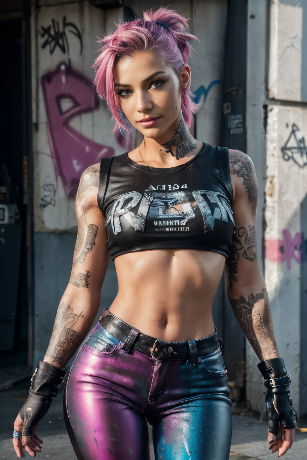 Cycling shorts in pink, larg Hips, waist narrower, sunglasses in neochrome, more skin visible and more tattoos on body, full body, in background bad boys