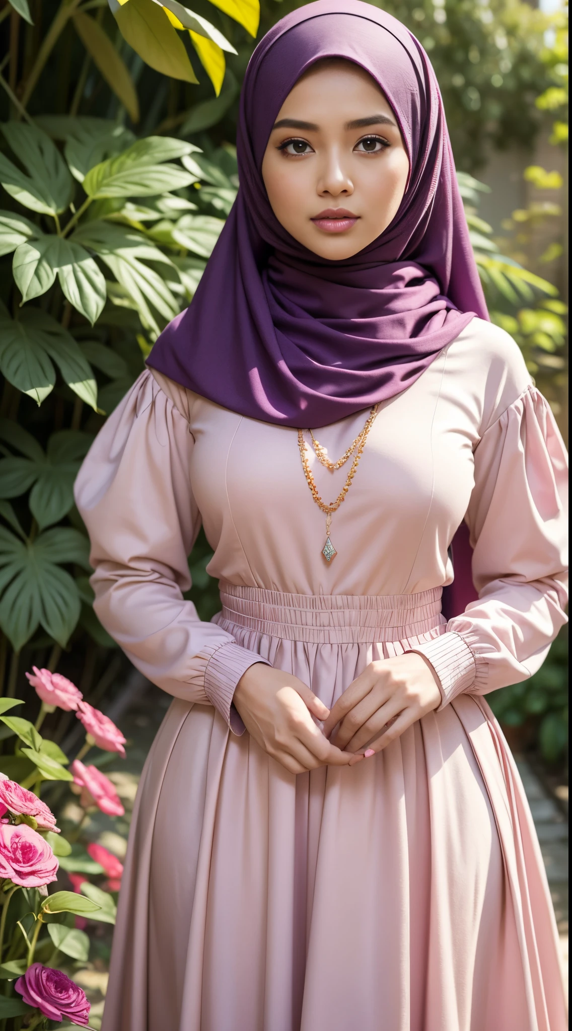 RAW, Best quality, high resolution, masterpiece: 1.3), beautiful Malay woman in hijab,Masterpiece, perfect fit body, Huge breast, big gorgeous eyes, open mount,Soft smile,woman in a purple dress and a red scarf, multilayered outfit, inspired by Nazmi Ziya Güran, purple hijab, cream colored blouse, feminine in cute pastel shades, full body picture, purple and light-red outfit, random colours,feminine in pastel shades, puff sleeves, inspired by Ni Yuanlu, inspired by Lily Delissa Joseph, brown sleeves  ,thick thighs, Delicate turtleneck, long necklace, shairband, afternoon walk, garden plant, Excellent lighting, Bright colors, Clean lines