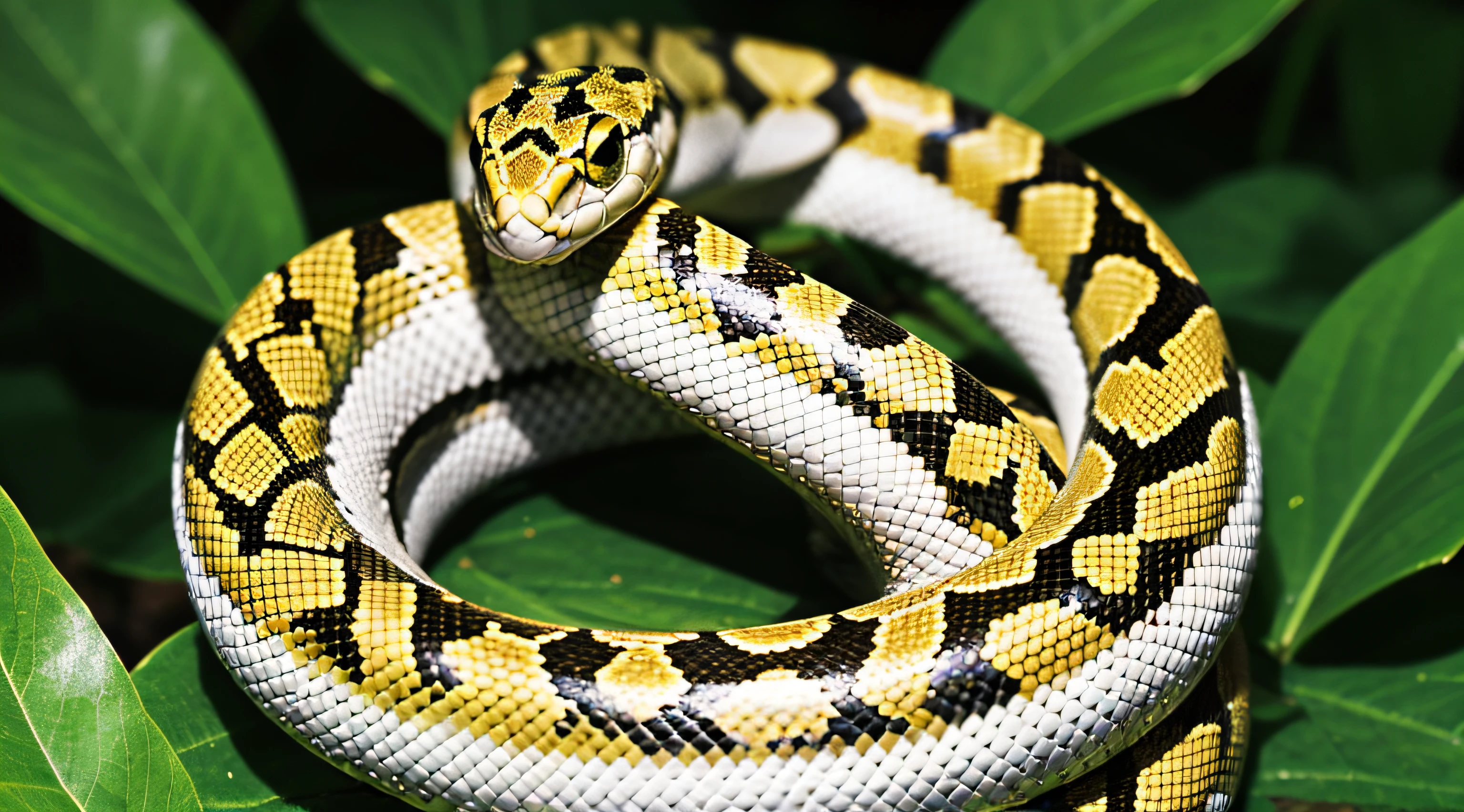 A close up of a snake on a leafy surface - SeaArt AI