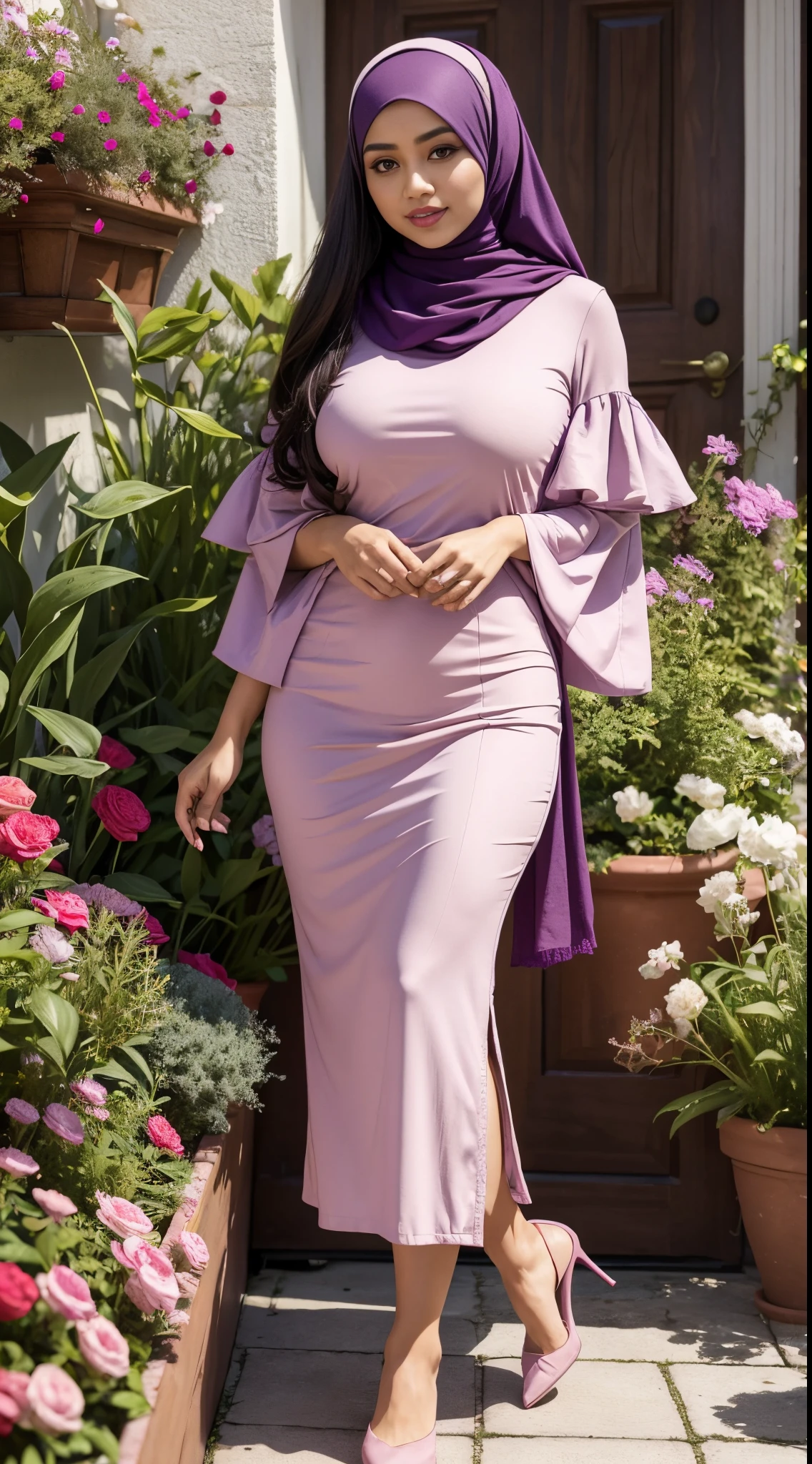 RAW, Best quality, high resolution, masterpiece: 1.3), beautiful Malay woman in hijab,Masterpiece, perfect fit body, Huge breast, big gorgeous eyes, open mount,Soft smile,woman in a purple dress and a red scarf, multilayered outfit, inspired by Nazmi Ziya Güran, purple hijab, cream colored blouse, feminine in cute pastel shades, full body picture, purple and light-red outfit, random colours,feminine in pastel shades, puff sleeves, inspired by Ni Yuanlu, inspired by Lily Delissa Joseph, brown sleeves ,thick thighs, Delicate turtleneck, long necklace, shairband, afternoon walk, garden plant, Excellent lighting, Bright colors, Clean lines