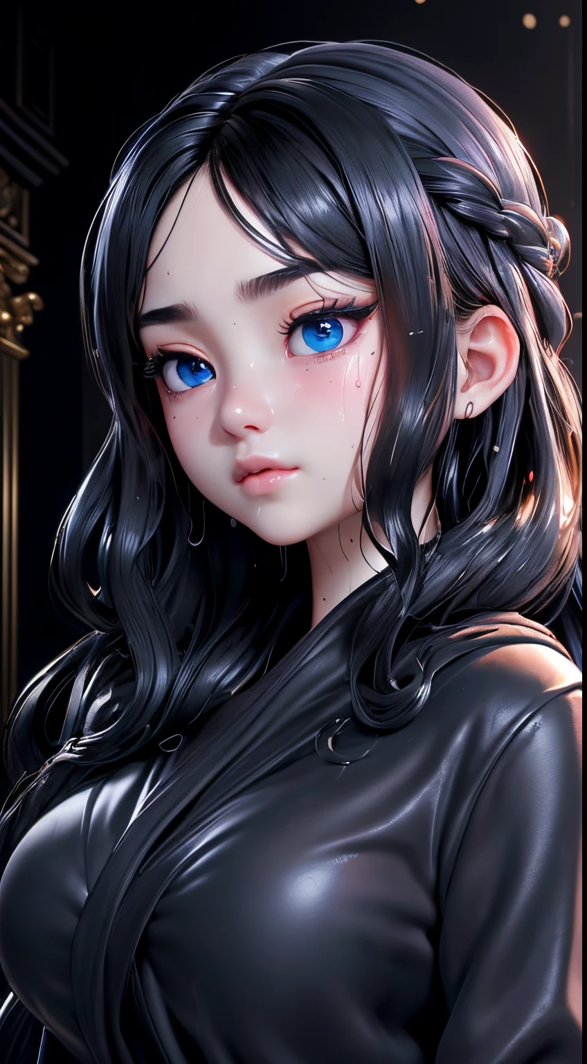 top-quality、Top image quality、masterpiece、girl with((cute little、18year old、Best Bust、Medium bust、Bust 85,Beautiful blue eyereasts wide open,Long Black Hair、A slender、Middle knot、Reflecting the whole body、Sweating、whole body Dripping wet、embarassed face、Ashamed、Black bathrobe))hiquality、Beautiful Art、Background with((Black Room,Large room、Black Bed)),masutepiece、Elaborate design、visualart、depth of fields、The best lighting、highestdetailed、8k,Super delicate,