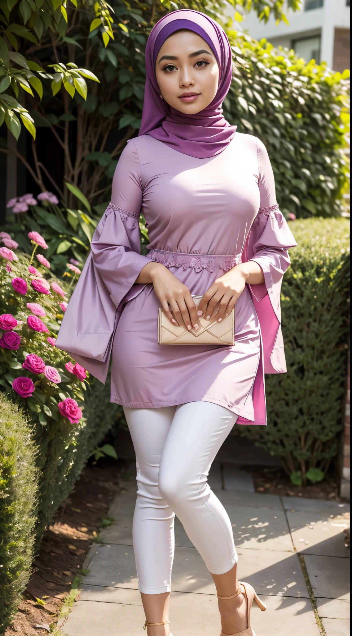 RAW, Best quality, high resolution, masterpiece: 1.3), beautiful Malay woman in hijab,Masterpiece, perfect fit body, Huge breast, big gorgeous eyes, open mount,Soft smile,woman in a purple dress and a red scarf, multilayered outfit, inspired by Nazmi Ziya Güran, purple hijab, cream colored blouse, feminine in cute pastel shades, full body picture, purple and light-red outfit, random colours,feminine in pastel shades, puff sleeves, inspired by Ni Yuanlu, inspired by Lily Delissa Joseph, brown sleeves ,thick thighs, Delicate turtleneck, long necklace, shairband, afternoon walk, garden plant, Excellent lighting, Bright colors, Clean lines