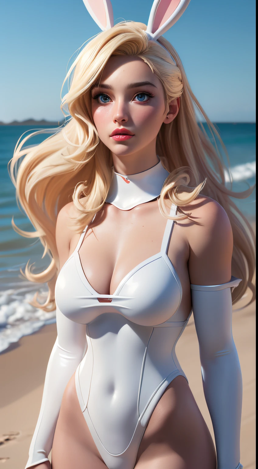 beautiful swedish college girl, blonde, full body, in bikini, outside on the beach, blonde hair, ponytail, long hair, blue eyes, bimbo lips, red lips, ((white  bunny costume)), ( (perfect silicone breasts), photorealistic, photo, masterpiece, realistic, realism, photorealism, high contrast, photorealistic digital art trending on Artstation 8k HD high definition detailed realistic, detailed, skin texture, hyperdetailed, realistic skin texture, armor, best quality, ultra high resolution, (photorealistic: 1.4), high resolution, detailed, raw photo, sharp re, by lee jeffries nikon d850 film stock photography 4 camera kodak portra 400 lens f1.6 rich colors hyper realistic texture realistic lighting dramatic irrealengine trend in artstation cinestill 800,