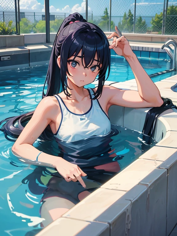 Cool girl，18yr old，in a swimming pool，swimmning，Tied ponytail，A very, Very long ponytail，Extra-long hair， 2d ，Japanese anime， female high-school student，fully body photo，in style of kyoto animation，Best quality, Nemu&#39;I wasn't wearing any clothes。