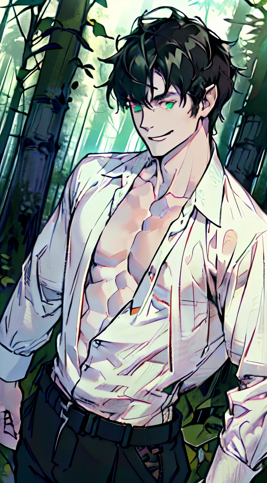 (absurdres, highres, ultra detailed), 1man, 30 years old elf man, handsome, tall, finely detailed eyes and detailed face, rouge costume, smile, ((shaggy hair, bangs, side locks, mid-length black hair)), (((forest, looking at the view, pale skin, green detailed eyes, (((open chest))), (masculine), sexy, smirk, seductive, slightly muscular, very attractive, flirtatious, mature, open shirt, tease, (lower angle)