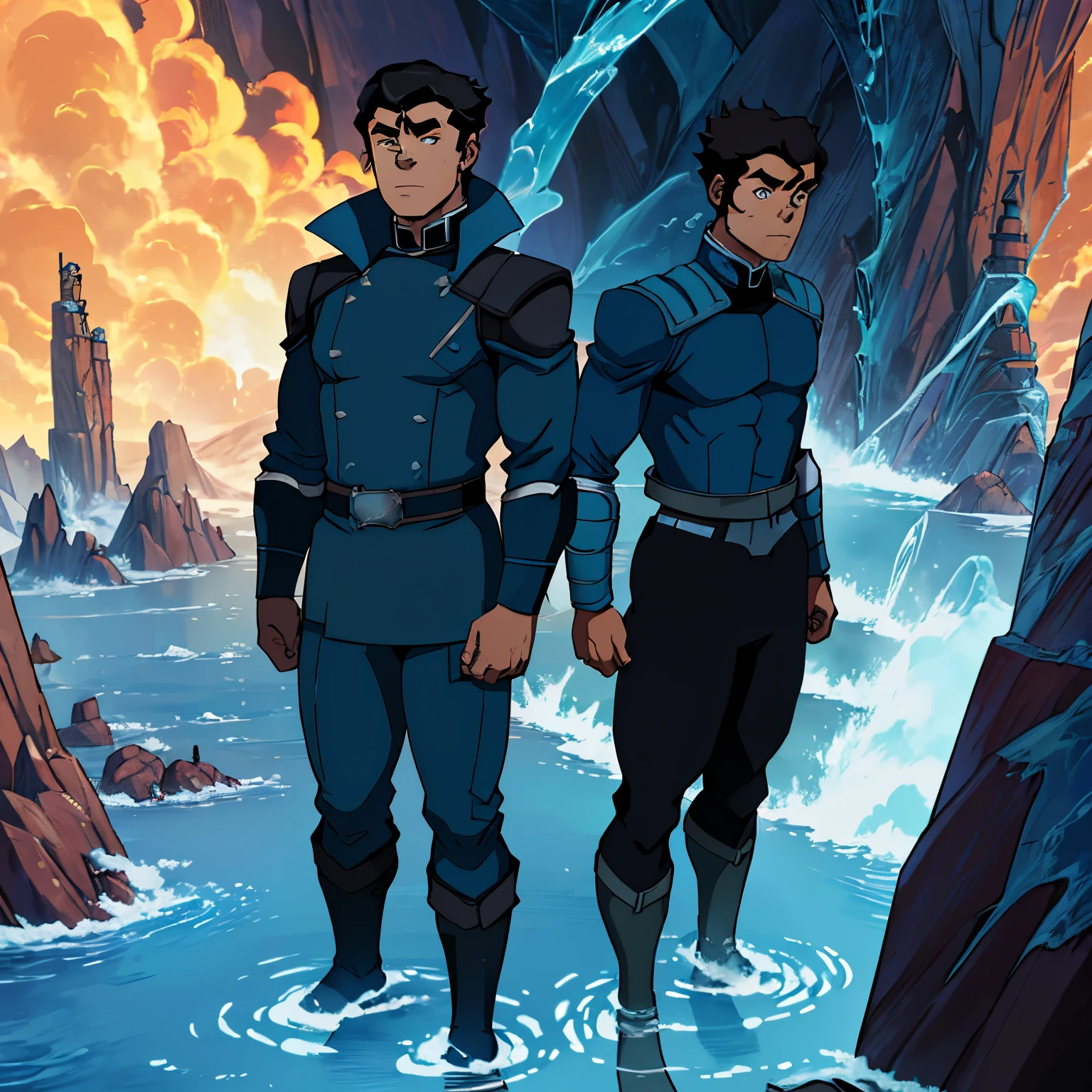 Bolin from the legend of Korra looking like Richard Ayoade, full body wears Bolin’s clothes from the legend of color but water river like and much more unique, blue outfit mixed. Standing up, facing forward, one person, dark blue pants and water tribe boots, Bolin’s outfit from season 4 but from the water tribe, he’s wearing a blue leather jacket, make sure the jacket is blue and very leather inspired by Dave Stevens' comic character The Rocketeer, which was also made into a film in 1991, full blue leather jacket, and dark blue pants, dark than the jacket with white fur on the shoulders and neck, only the pants should be darker blue, standing tall and straight and facing forward, his jacket is very rugged and very worn out looking