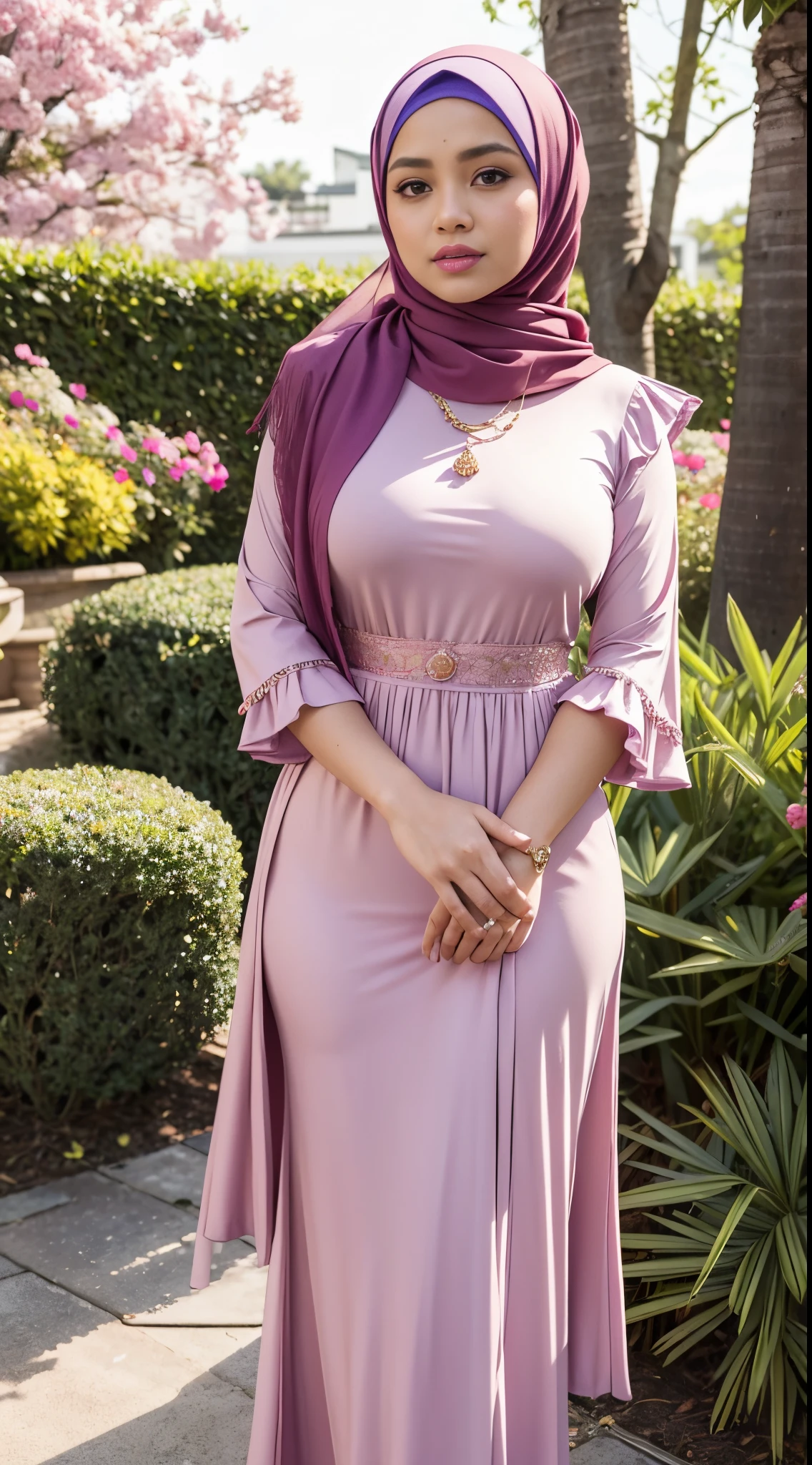 RAW, Best quality, high resolution, masterpiece: 1.3), beautiful Malay woman in hijab,Masterpiece, perfect fit body, Huge breast, big gorgeous eyes, open mount,Soft smile,woman in a purple dress and a red scarf, multilayered outfit, inspired by Nazmi Ziya Güran, purple hijab, cream colored blouse, feminine in cute pastel shades, full body picture, purple and light-red outfit, random colours,feminine in pastel shades, puff sleeves, inspired by Ni Yuanlu, inspired by Lily Delissa Joseph, brown sleeves  ,thick thighs, Delicate turtleneck, long necklace, shairband, afternoon walk, garden plant, Excellent lighting, Bright colors, Clean lines