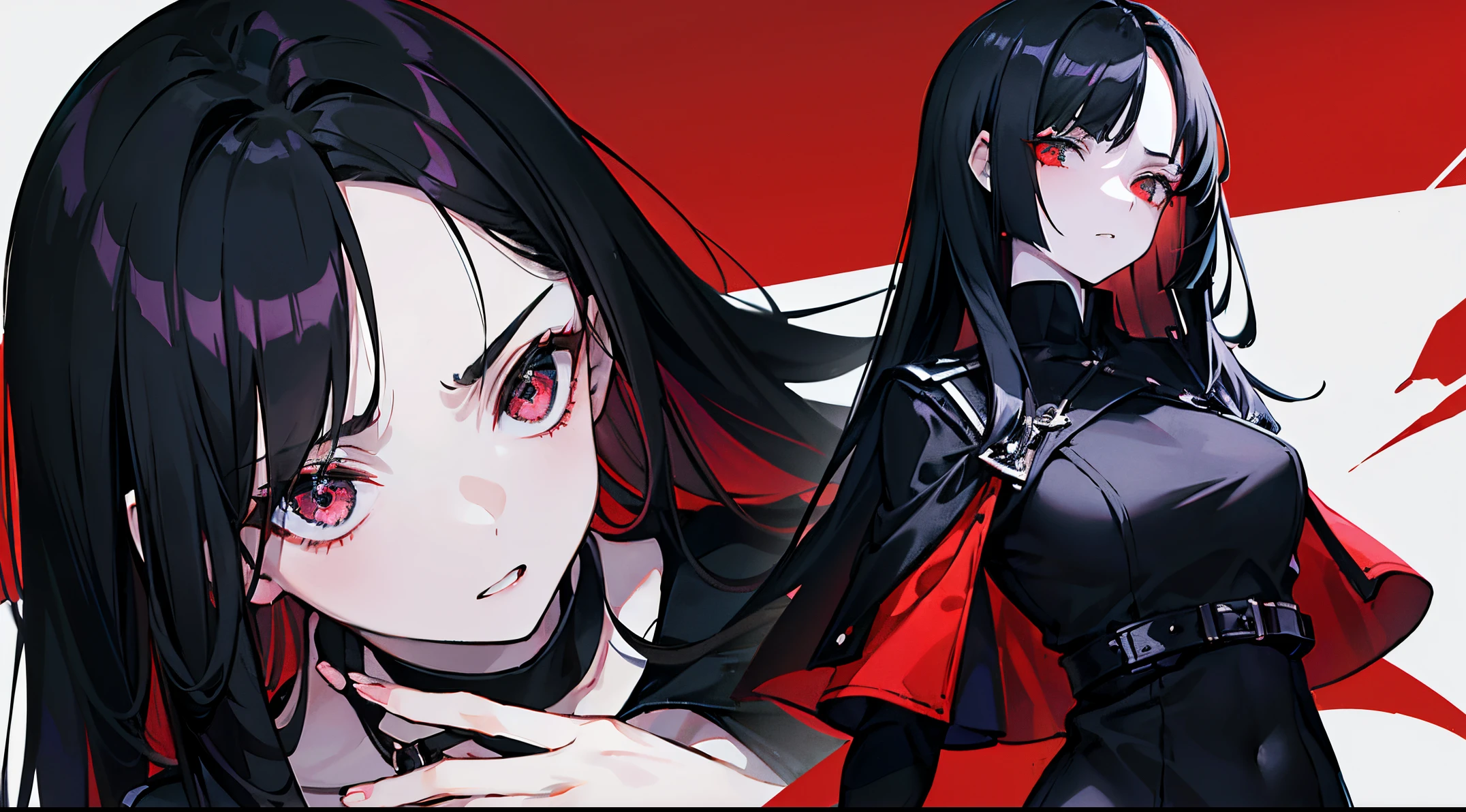 Anime girl with long black hair and red eyes in front of a red ...