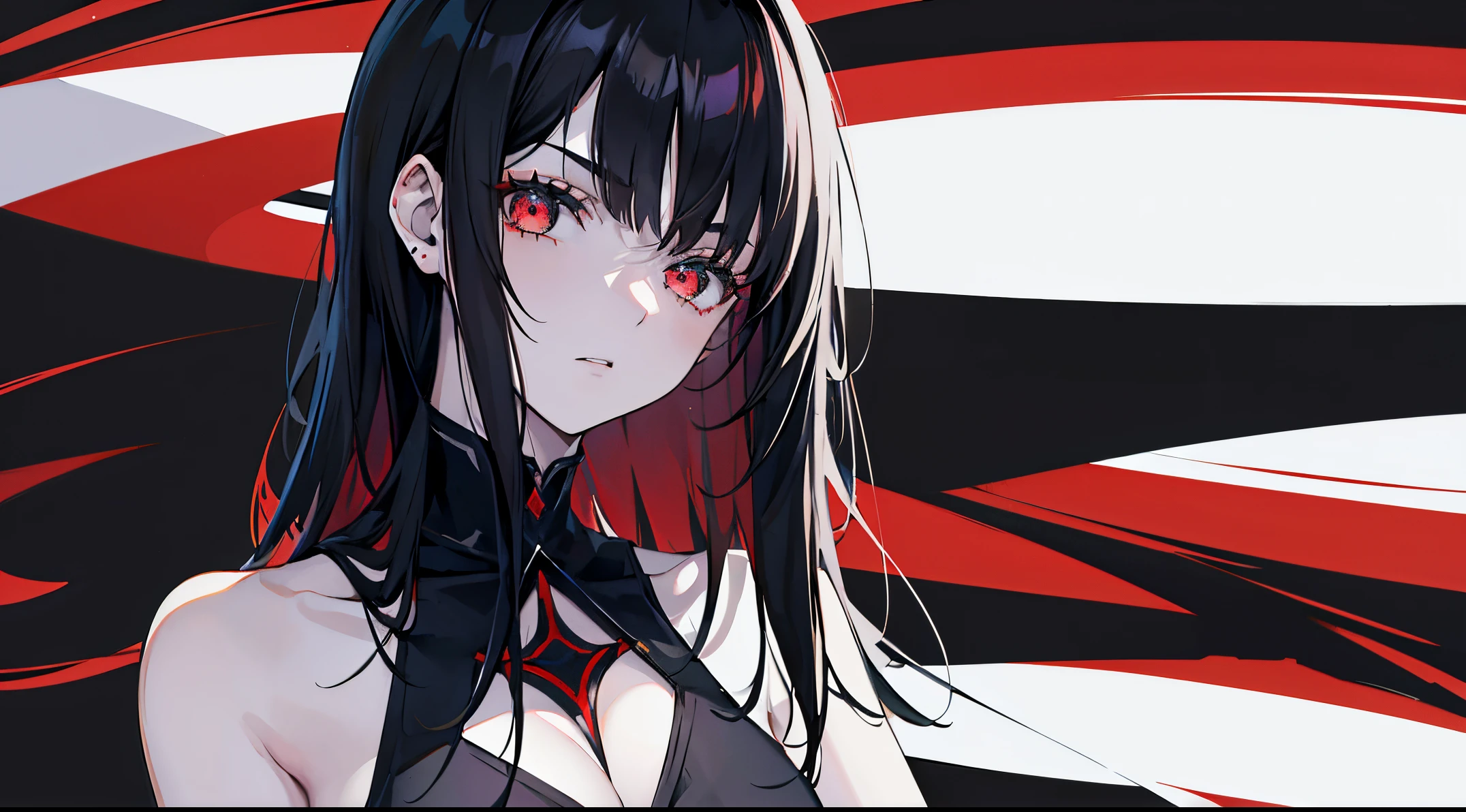 1girl, 18 anos, black hair, pale skinned, franja no cabelo, look of determination and revenge, sombras ao redor, vestido red justo, sangue no rosto, ( master part, melhor qualidade)