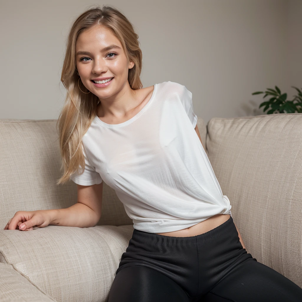 Nikon Z 85mm, Beautiful, one Petite 20-year-old elegant high-class supermodel, ((blond hair)), Bright gray eyes, ((High detailed skin, Skin Details)), Sharp Focus, 8K UHD, Digital SLR, High quality masterpiece, gorgeous russian face, (((laughing))), photo realistic, ((wearing slouchy long black sports pants and white Tshirt)). Beautiful ponytail. Sitting on a couch at home. Warm tone atmosphere