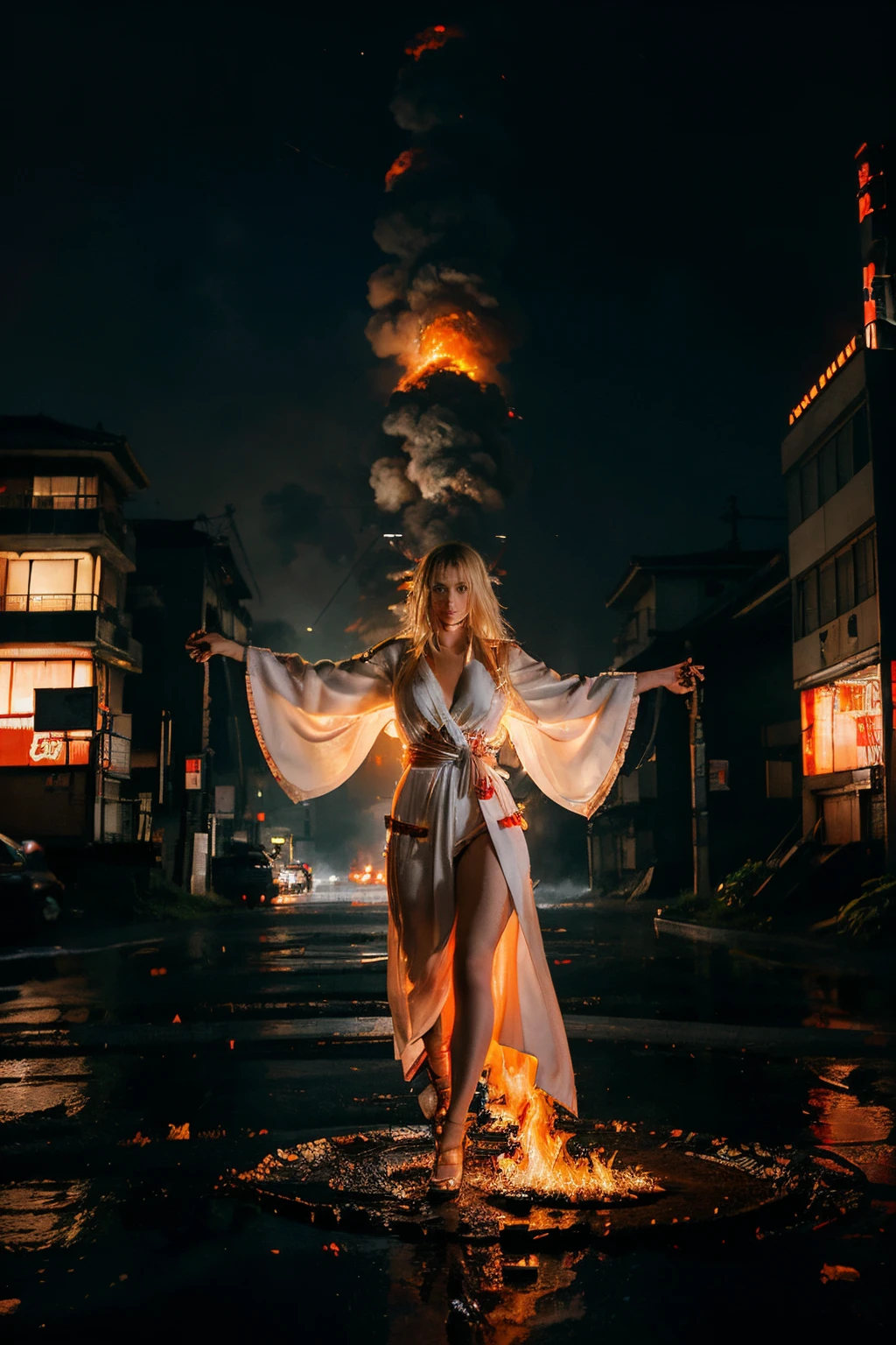 tokyo city at night being consumed by flames as it rains by a sensual blonde russian woman wearing white kimono with red details in the middle of the floating flames, film scene, cyberpunk, destruction, storm, fire, obscured woman silhouette, tied up hair, building on fire, woman flying, terror, seductive figure, traditional japanese clothing, blonde russian woman flying, pocession