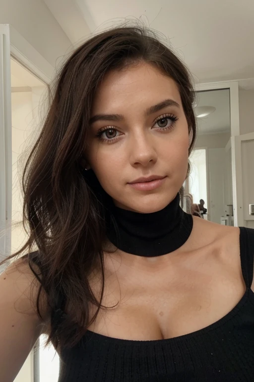 ((best quality)), ((Meisterwerk)), (detailliert), perfektes Gesicht, Arafed woman with black clothes, fille sexy aux yeux bruns, Portrait Sophie Mudd, cheveux bruns et grands yeux, selfie of a young woman, Yeux de chambre, Violet Myers, sans maquillage, maquillage naturel, looking straight at camera, Visage avec Artgram, Maquillage subtil, Superbe photo du corps entier, dans la chambre, clivage Info