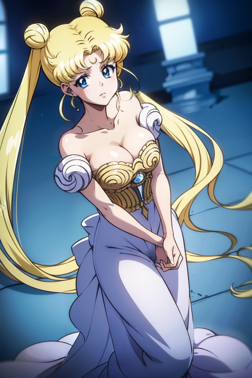 SMU Sagitsukino, Big, Standing, Solo, Masterpiece, Best Quality, Detailed face, Detailed Eyes, high resolucion, Masterpiece, Best Quality, Detailed face, Detailed Eyes, high resolucion, SMPrincessCostume,Serenity,Princess Serenity,Neo Queen Serenity,pectorals,Big,Huge,Plump breasts.a blond,Dango hair,Royal breasts,breast,forehead crescent moon,Boobs,Overflowing heart