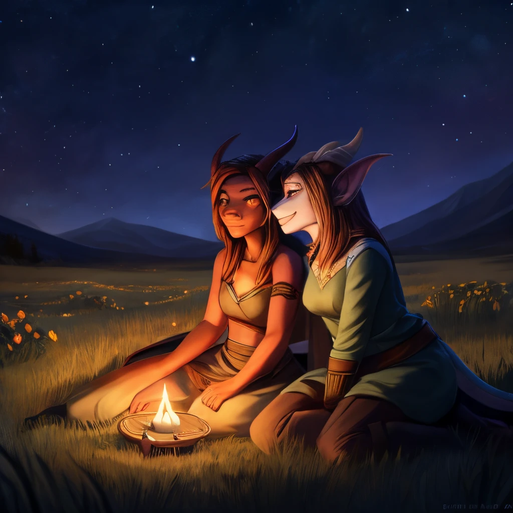 furry, anthro, fantasy, kobold, small breasts, thin body, short height, slave collar, lesbian sex, nude, scissoring, vagina open, pressing vagina to vagina, camp fire, at night, stars in sky, , kissing girl, high quality, masterpiece,