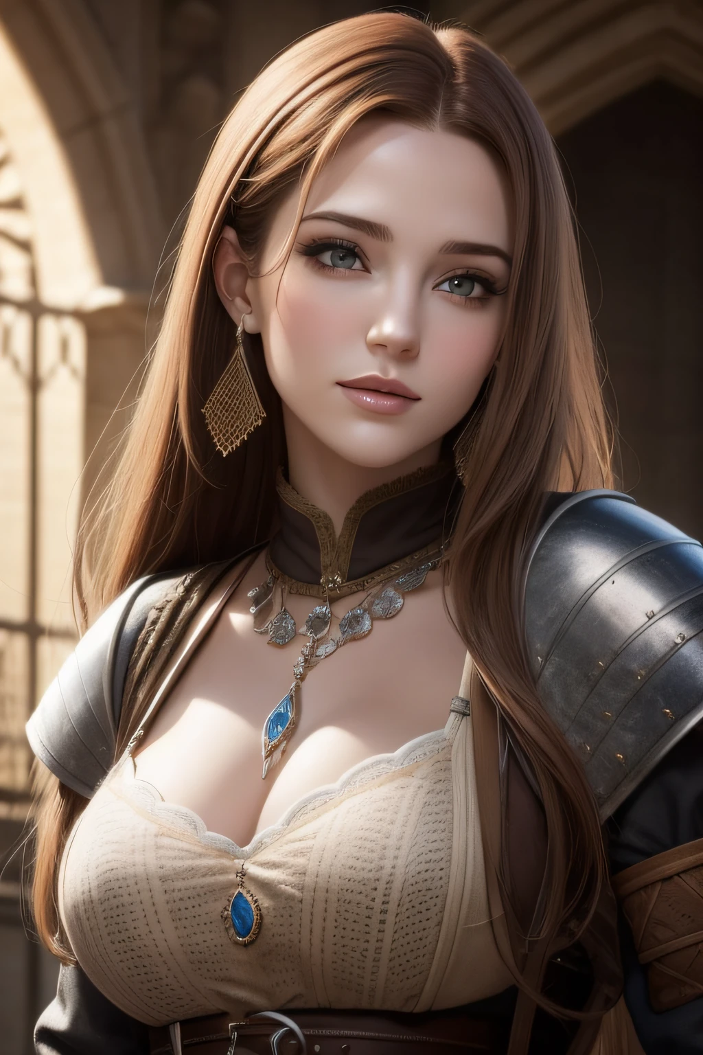 jolie femme, humain, face ronde, red light, light freckles, habillée en dentelle, Fantasy medieval cadre