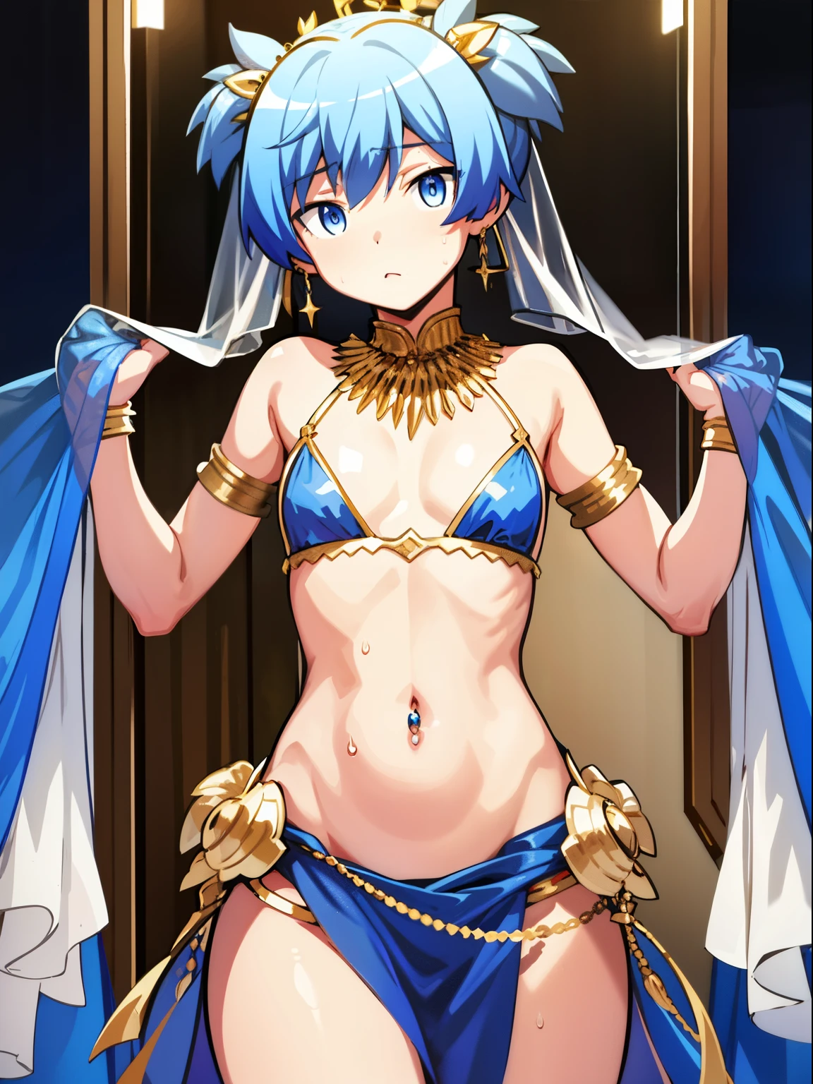 masterpiece, best quality, high quality, 1boy, solo, male focus, looking at viewer, Shiota_nagisa, Blue hair, Blue eyes, Short twintails, Shy, Sweat, Transparent veil covering the head, Transparent veil covering the mouth, Transparent veil covering the waist, Gold necklace, Gold earrings, Navel piercing, Gloves, Bra, Desert, Belly dancer, night day