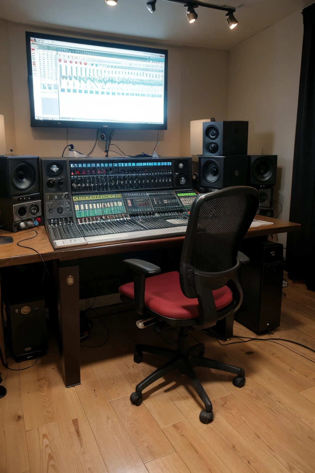 Music recording studio, mixing console, studio speakers, red soafer, black executive chair, microphone dangling
