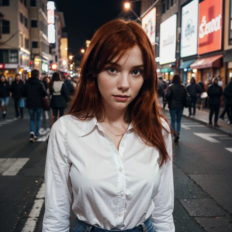 Create a realistic photo of a red-haired woman with the same face as this photo, wearing jeans and a white blouse, taking a picture at night on a busy street!