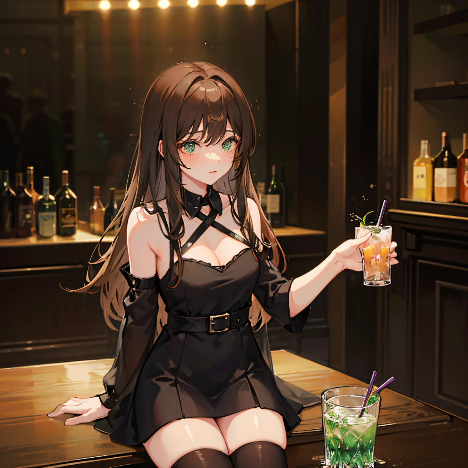 a woman with long brown hair, green eyes is sitting in a nightclub or bar against the background of bright lights of the dance floor with a drink in her hand. black short minidress