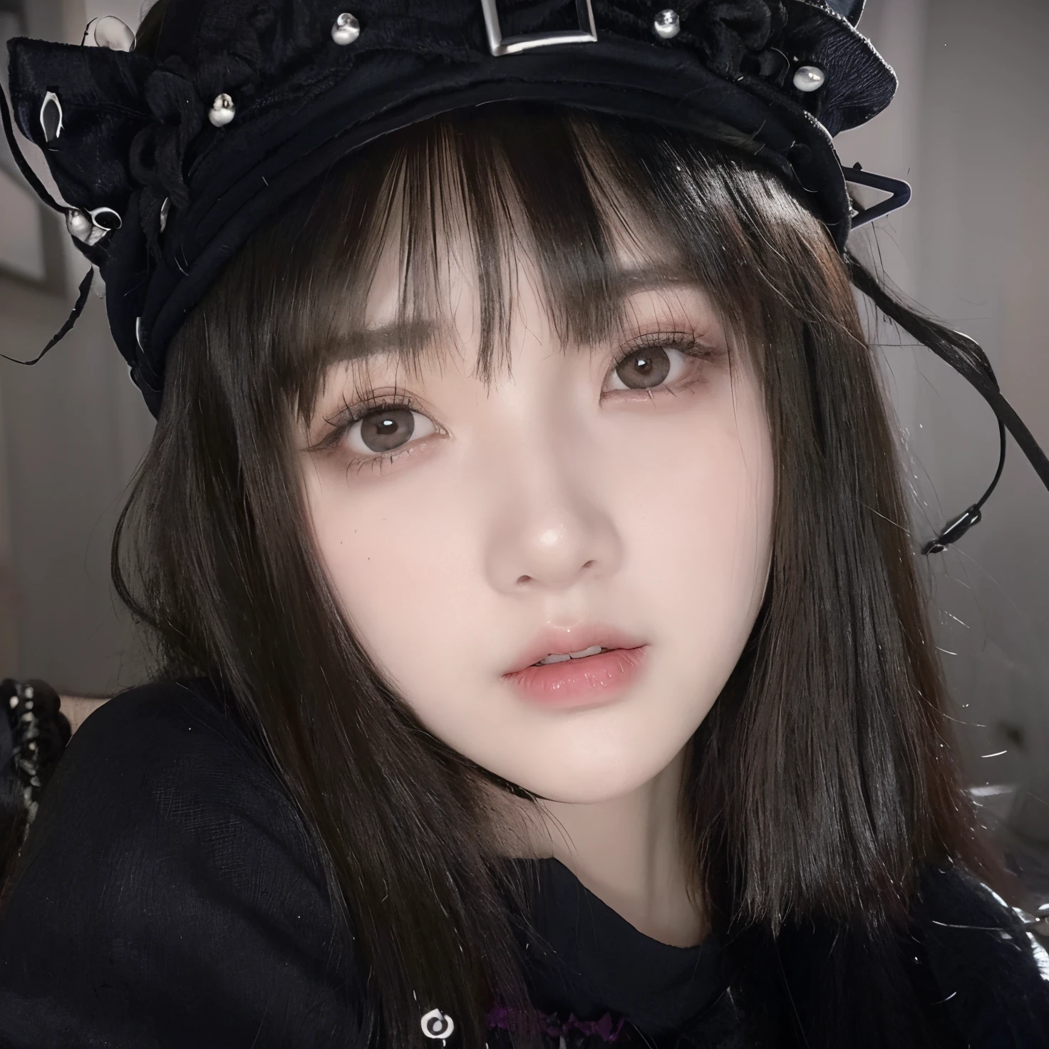 Un primer plano de una mujer con un sombrero en la cabeza, con cabello largo y ojos penetrantes, Cara puntiaguda y ojos grises, con hermosos ojos detallados, cabello negro y ojos grandes, Cara perfecta ), cruel korean goth girl, pale porcelain white skin, china doll face, Chica de anime en la vida real, 1 7 -  - old me goth girl, Sakimichan