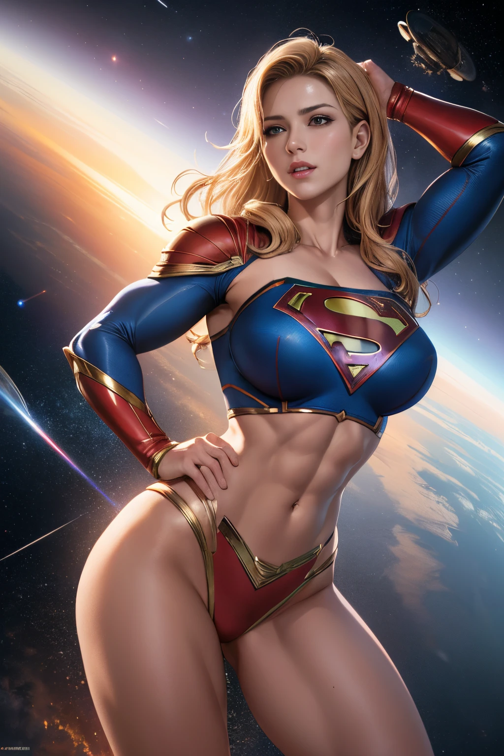 ( Masterpiece, 4k resolution, ultra-realistic, very detailed) Sexy Supergirl revealing abs midriff large breasts  photography by artgerm, in the style of realism, glistening skin, cartooncore, mangacore, natural lighting, Defined full lips. Muscular fitness feminine body (In space)