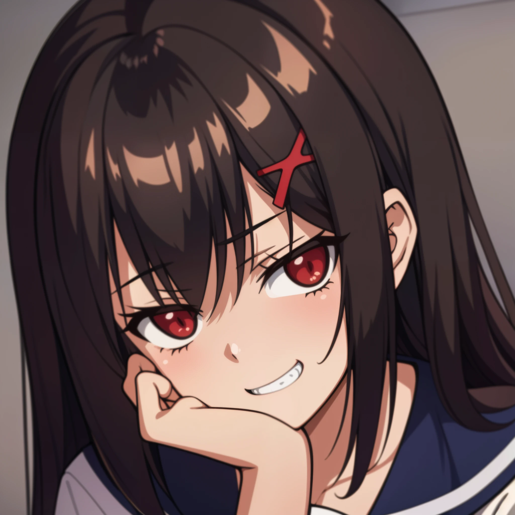 hiquality, tmasterpiece (one girls). grin with teeth. red-eyes. brown-hair. palm on hand. Japanese school uniform. against the background of the room