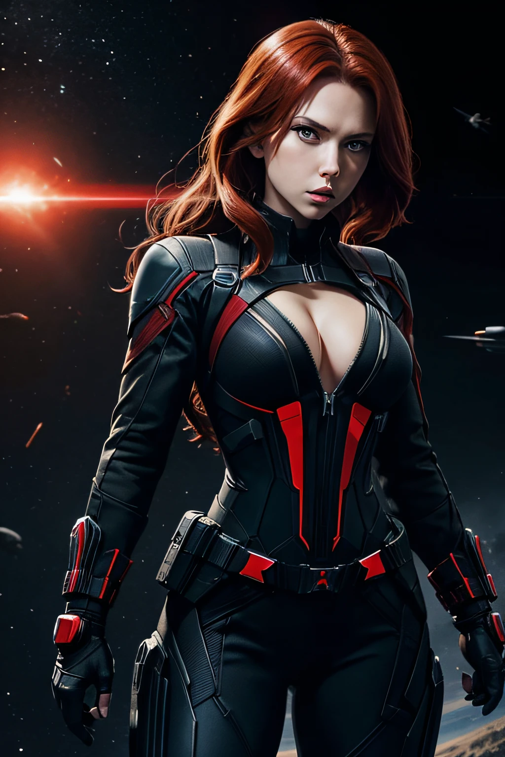 (black widow),(combat suit),(revealing),(black),(red),(combat pose),(fighting),space ship(outer space)