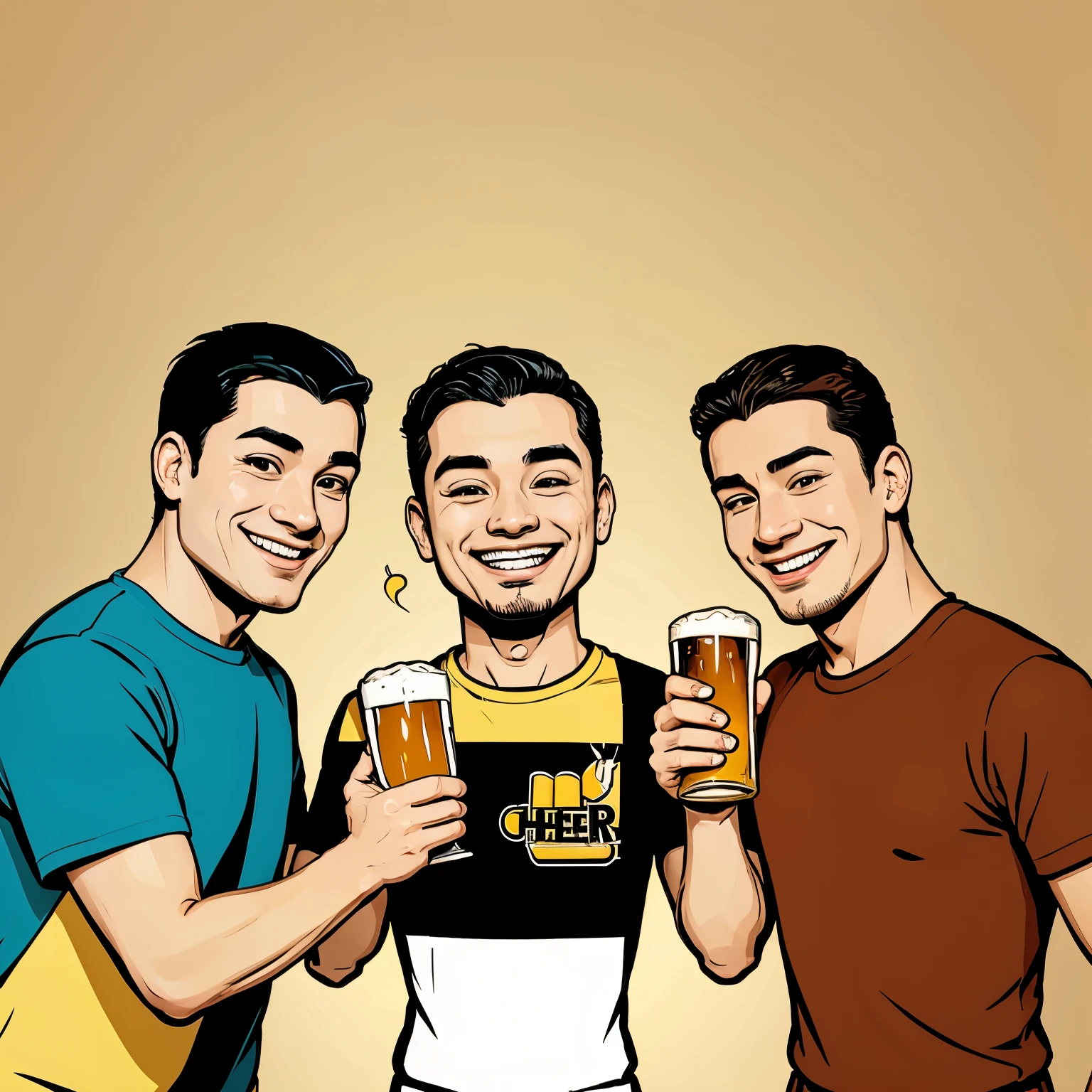 4 men cheers with beer, icon style, cartoon style, 2 colors