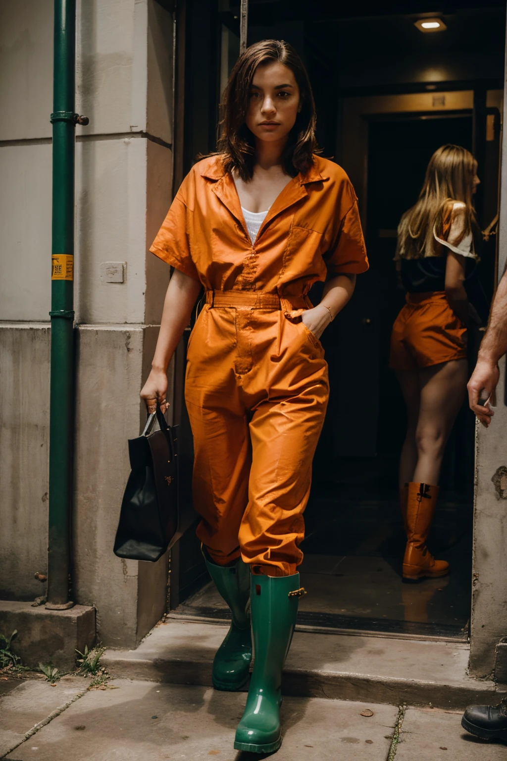 a girl in court bound and chained, wearing an orange prison jumpsuit and green Hunter rubber boots