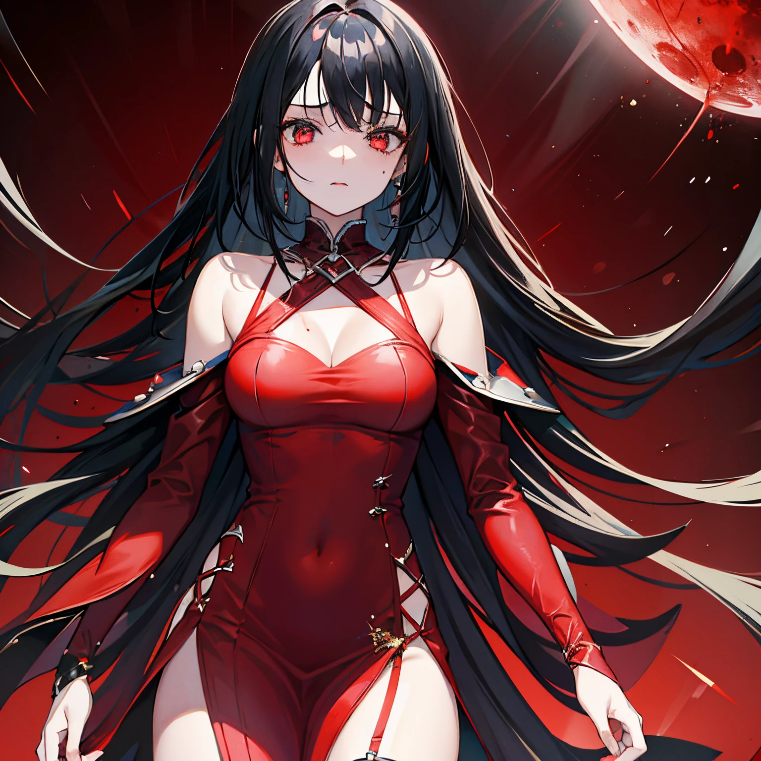 <lora:red_theme_v10_fix:1>,1 moon,background full moon,red moon shining,
1girl, medium breasts, showing cleavage,bare shoulders,gold earrings, gold hairband, ornament,black dress,
long hair, black hair,<lora:yorbriar:1>,yorbriar, yor briar, (red eyes:1.5,glow eyes),evil face,looking to viwer,fighting pose,
(masterpiece:1.2), (best quality:1.2), (extremely detailed:1.2), <lora:GoodHands-vanilla:1>,