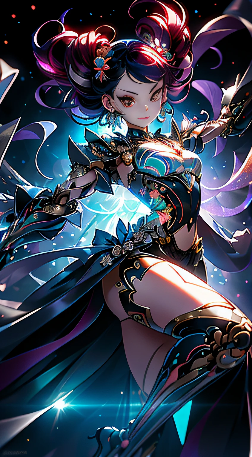 best quality,4k,8k,highres,masterpiece:1.2),ultra-detailed, extremely detailed eyes, extremely detailed body, (large masterpiece digital art), (detailed manga illustration), (detailed line art), ((perfect anatomy)), (intricate details:1.3), (ultra-detailed:1.3), (illustration:1.3), (sharp focus:1.3), (natural lighting:1.05), (vivid colors:1.3), (masterpiece), best quality, expressive eyes, perfect face, 1 girl, breasts, gloves, large breasts, {blue hair}, medium hair, wavy hair, (gray eyes), hourglass physique, huge ass, dynamic pose, dynamic lighting, fur trim, glowing, crystal, helm, helmet, armor, ((full armor)), cuisses, shoulder armor, belt, hand guard, boots, glove, particles stream, creationmagic, ethereal creation, Magic Circle, glowing, crystal, jim lee, Brazilian woman, hair bun, fur trim, jewelry, crystal, wild energy, cinematic lighting, heroic atmosphere, Beautiful woman, Atey Ghailan, Jeremy Mann, Greg Manchess, Antonio Moro, trend in ArtStation, trend in CGSociety, Intricate, High Detail, Sharp focus, dramatic and photorealistic painting art by Midjourney and Greg Rutkowski, Marvel Cinematic Universe style, (((mystical gothic castle in the background))), crystal sword in hand,