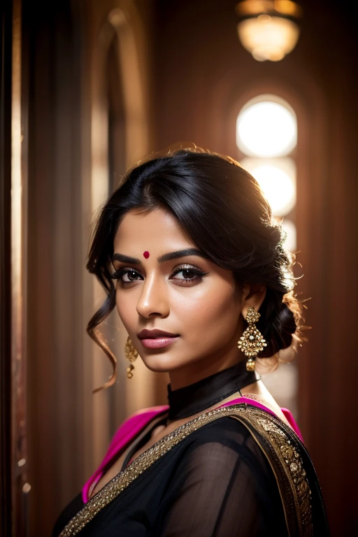 Portrait of most beautiful and attractive Indian woman in her 30s as a beautiful female model, beautiful face, dramatic lighting, trending on art-station, portrait, digital art, modern, sleek, highly detailed, formal, determined, pink liner lipstick, soft lips, black eyes, happy, [[Soft Waves]]