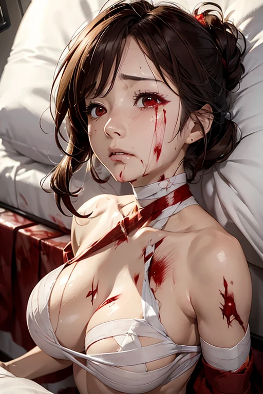 Best Quality, masutepiece, 超A high resolution、(((Blood-soaked bandages all over the body)))、Lying in a hospital bed、((Painful expression))、Pretty Woman、wearing pajama