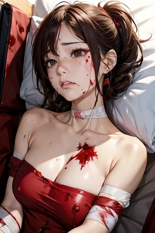 Best Quality, masutepiece, 超A high resolution、(((Blood-soaked bandages all over the body)))、Lying in a hospital bed、((Painful expression))、Pretty Woman、wearing pajama