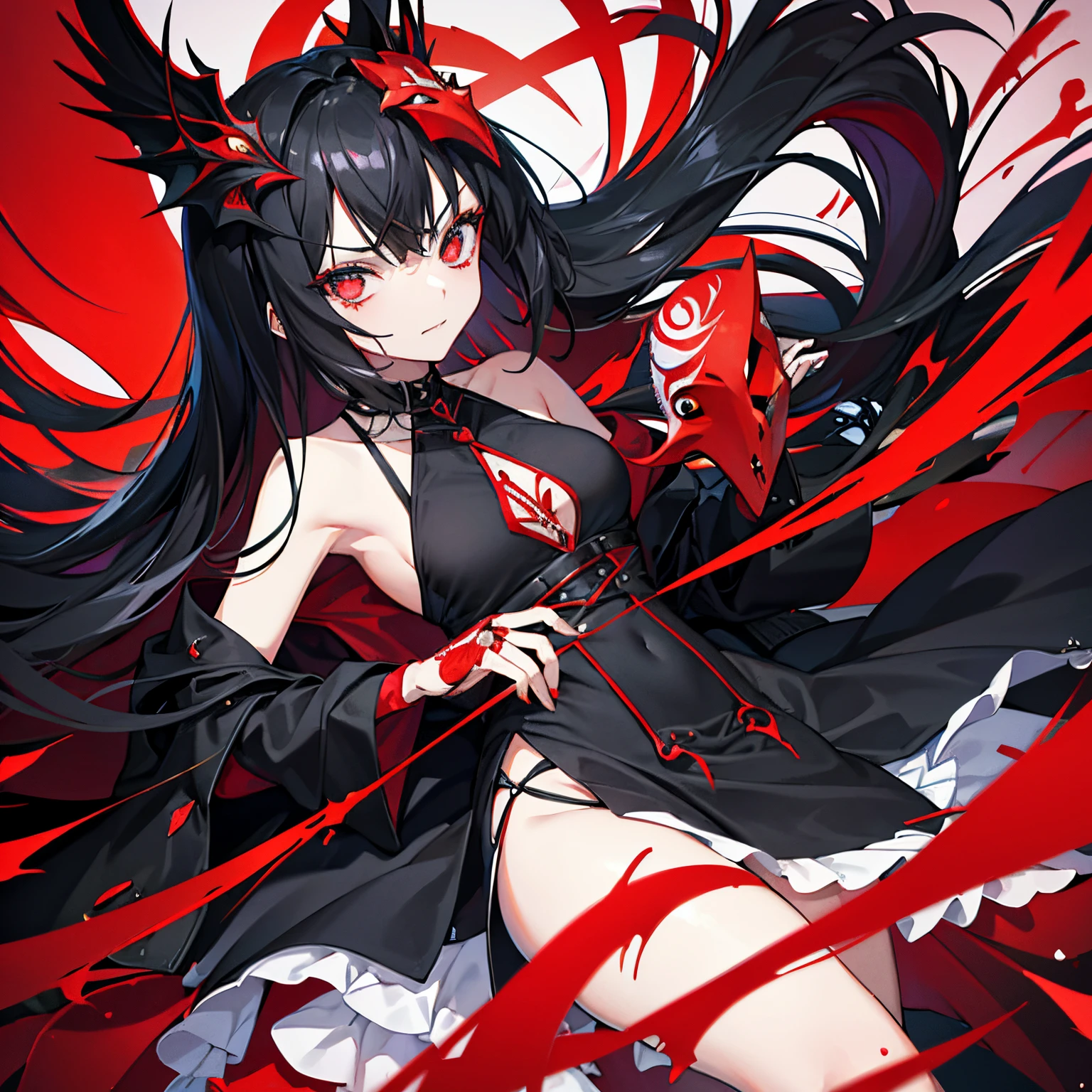 Rory Mercury, Rory Mercury, black  hair, blunt bangs, hime cut, hair ornament, black lipstick, hairlong, angry face, makeup, (small chest:1.2), (red eyes:1.5), BREAK Gothic underwear, the perfect body (little chest:1.3) Hornny, BREAK in full growth, red shoes, BREAK Black Stockings, Black Gloves BREAK, black thighs, garter straps, gloves, gotik, Hair Bow, gothic fashion, puffy short sleeves, puffy sleeves, short sleeves, thights, BREAK, starry night sky, night city, BREAK looks at the viewer, BREAK (Masterpiece:1.2), Best Quality, High Resolution, Unity 8k壁纸, (illustartion:0.8), (beautiful detail eyes:1.6), extremely detailed face, perfect  lighting, extremely detailed CGI, (perfect arms, perfect anatomy),