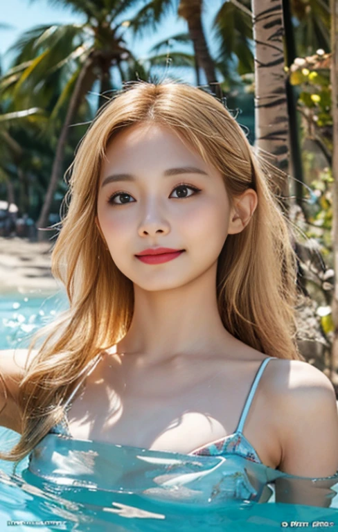 top-quality、masterpiece、超A high resolution、Photorealsitic、Raw foto、1girl in、Sexy appearance、Hair on the shoulders、The lower half is curled and sauvage、Cute smile like a model、Hair color is blonde、Eyes are double、Wearing mascara、Cute pose like a model、Clear face、Gorgeous like a model、Ultimate Beauty、Cute smile、A slight smil、Beautiful face like Tzuyu from TWICE、masuter piece、Best Quality、It's still a hot autumn sea beach、When it's still bright in the afternoon before dusk、Palm trees can be seen far behind the sea beach、She is posing with a cute bright smile、She is wearing a bright red sexy bikini swimsuit、breasts are a bit big、Nice buddy like a model、Her face is also very beautiful、