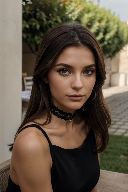 femme brune, Réaliste, terrasse restaurant, talons hauts noirs, t-shirt noir, talons noires, Choker noir, beau, peau claire parfaite, cheveux noirs et ondulés, Forme du corps du sablier, Prise de vue du corps entier, corps parfait, Amendes à Lèvres, Yeux fins, sourcils fins, nez mince, boucles d’oreilles, Cils longard à paupières rouge et maquillage), 8k, extrêmement détaillée, Rétroéclairé, Éclairage romantique, épopée, lisse, dynamique, fond de plage peuplée, faible profondeur de champ, seins de premier ordre, poitrine, cul de premier ordre, Énorme cul, Regarder la caméra, face à la caméra