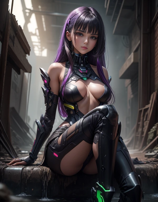 "Masterpiece in dystopian 8K resolution UHD high detail, with a mecha_musume purple_glitter style, vibrant black and yellow details, inspired by cyberpunk chaos. | Amid a dystopian underground setting, a stunning 30-year-old woman emerges elegantly, wearing a costume mecha_musume purple_glitter. Her costume stands out with green and yellow details, while imposing cybernetic boots accentuate her presence. Her pious eyes stare at the viewer, conveying mystery and determination. A graceful smile adorns her face, contrasting with the chaotic atmosphere around her ., she appears immersed in her own world. Her long "light black" hair, with bangs open long, creates a fascinating contrast with the deteriorated environment of the underground oasis, filled with water clear, mud, pipes and crumbling concrete structures. An intriguing and horrifying vision of cyber horror. | {The camera is positioned very close to her, revealing her entire body as she adopts a _pose, interacting with and leaning on a structure in the scene in an exciting way.} | ((perfect_pose):1), She is adopting a ((_pose as interactions, boldly leaning on a structure, leaning back in a dynamic way):1.3), ((full body)), ((hands_with_5_fingers):1), ((perfect_hands):1), ((perfect_fingers):1), ((perfect_legs):1), better_hands, More Detail".