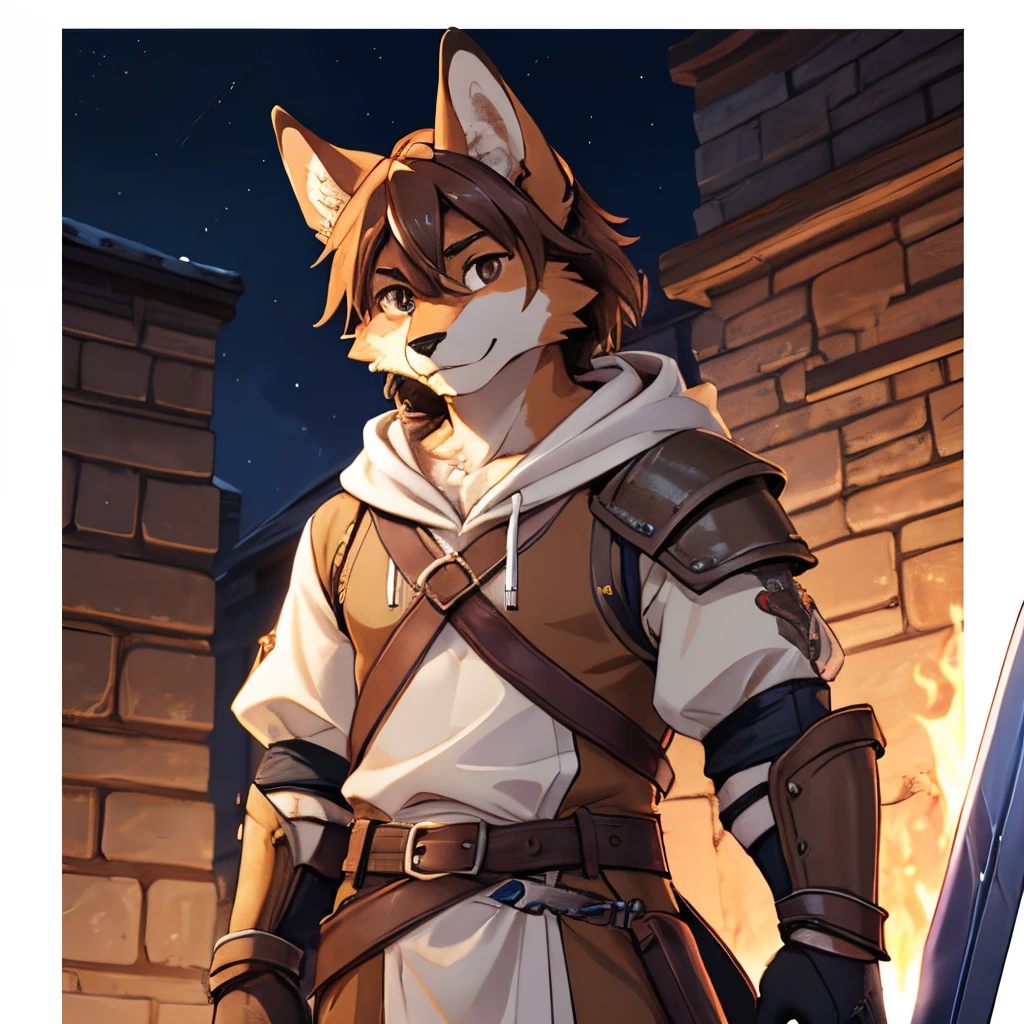 Furry, male, brown fox, long dark brown hair, pair of brown eyes, medieval age, wearing half of an armor in white, wearing white clothing, white hoodie, black sword around the belt