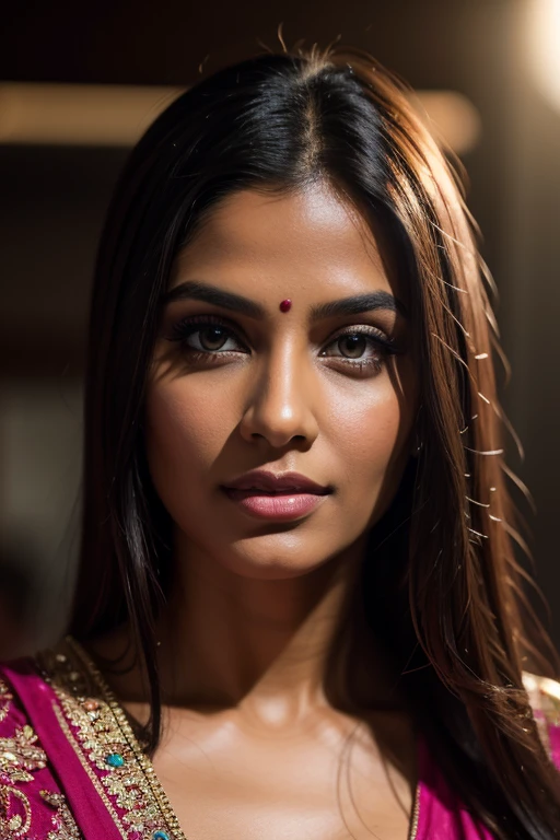 Portrait of most beautiful and attractive Indian woman in her 30s as a beautiful female model, beautiful face, dramatic lighting, trending on art-station, portrait, digital art, modern, sleek, highly detailed, formal, determined, pink liner lipstick, soft lips, black eyes, happy, [[Tapered Pixie]]