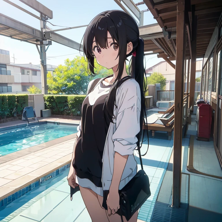 Cool girl,in a swimming pool,swimmning,wash her long hair,A very,、Very long ponytail,extra long black hair,Hair as long as height, 2d ,Japanese anime, female high-school student,Big,Best quality, Full body photo。I didn't wear any clothes。