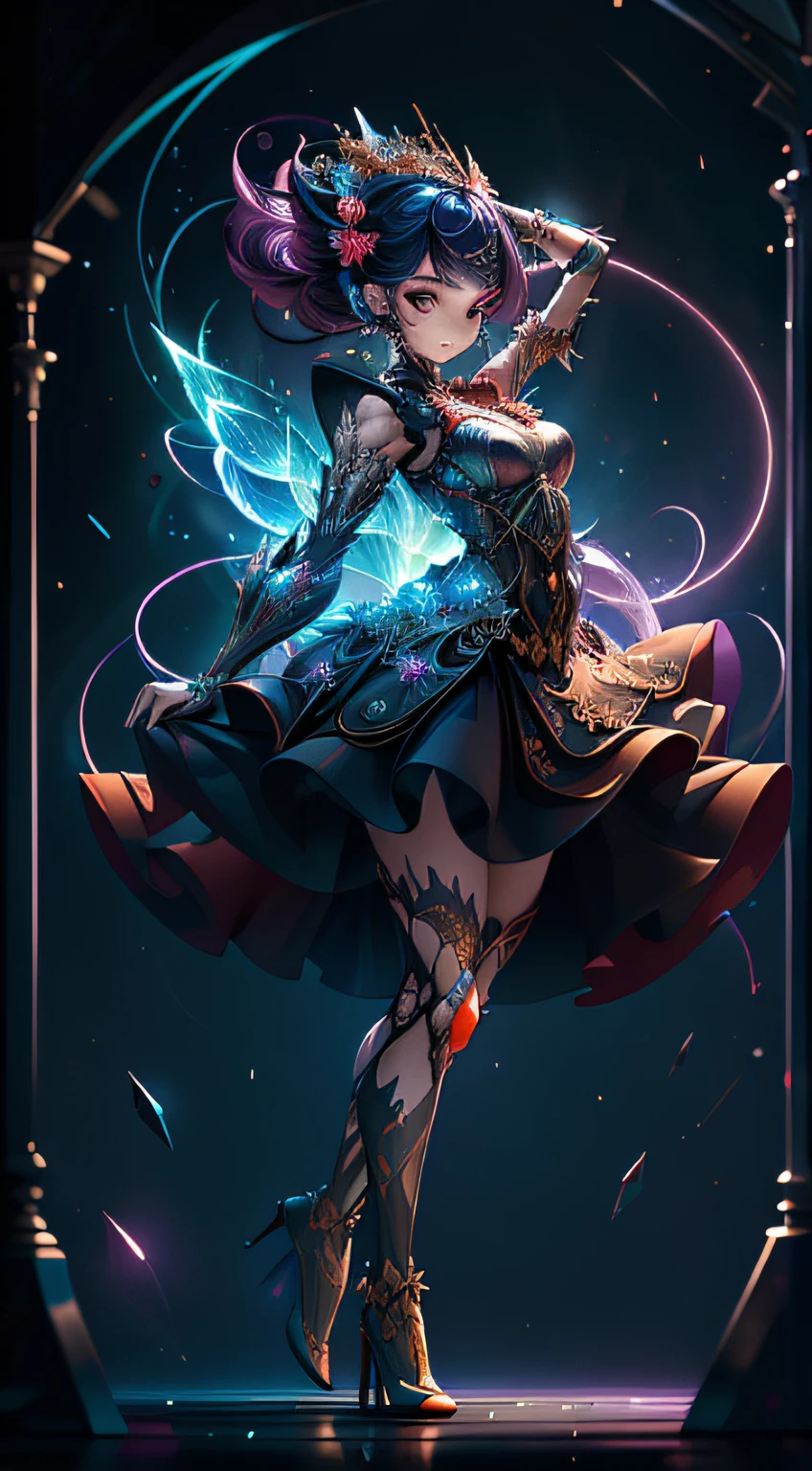 32K Ultra HD, highly detailed, denoising of strength:1.45, Abstraction, Oil, Sketch((best quality)), ((masterpiece)), highres, original, extremely detailed wallpaper,an extremely delicate and beautiful,illustration,cinematic lighting, volume lighting, bloom effect, light particleest quality), (Masterpiece), (An extremely detailed beauty:1.2),(Full body Villain posing:1.5), (cartoony:1.32), (colorful:1.2), Dynamic angle, (extremely detailed CG unity 16k wallpaper:1.1), (Denoising strength: 1.45), (tmasterpiece:1.37), beautiful detailed glow, detailed , beautiful detailed water, red moon, (magic circle:1, 2), (beautiful detailed eyepressionless, beautiful detailed white gloves, own hands clasped, (floating palaces:1.1), azure hair, disheveled hair, long bangs, hairs between eyes, dark dress, (dark magician girl:1.1), black kneehighs, black ribbon, white bowties, midriff, {{{half closed eyeig forhead, blank stare, flower, large top sleeves, illustration, god rays, sparkle, glowing light, (((masterpiece))), best quality, pixelated fragments, data corruption,colorful noise, visual chaos,contemporary aesthetics, blink-and-you-miss-it detail, richard phillips, dark magenta and orange, woodland goth, pierce brosnan, drip painting, metaphor for death concurring all, Mixed media, Texture, Contrast, Depth, Creativity, Imagination, Ceramic, Cerulean, Vermilion, Impasto, Glaze, Grayscale, Fauvism, Renaissance,, fractal art:1.35, side lighting, sparkle, god rays, ray tracinasterpiece)), perfectly detailed best quality, UHD, 32K, HD, unity, High resolution, best quality, masterpiece , wallpaper, masterpiece —chaos 45 —s1000 , (best shadow), elegant, volumetric lighting ultra wide field of view, ultra high definition quality, high detail, aesthetics, natural lighting, ultra high quality, depth of detail, level of detail, high quality, high-definition , realistic rendering,