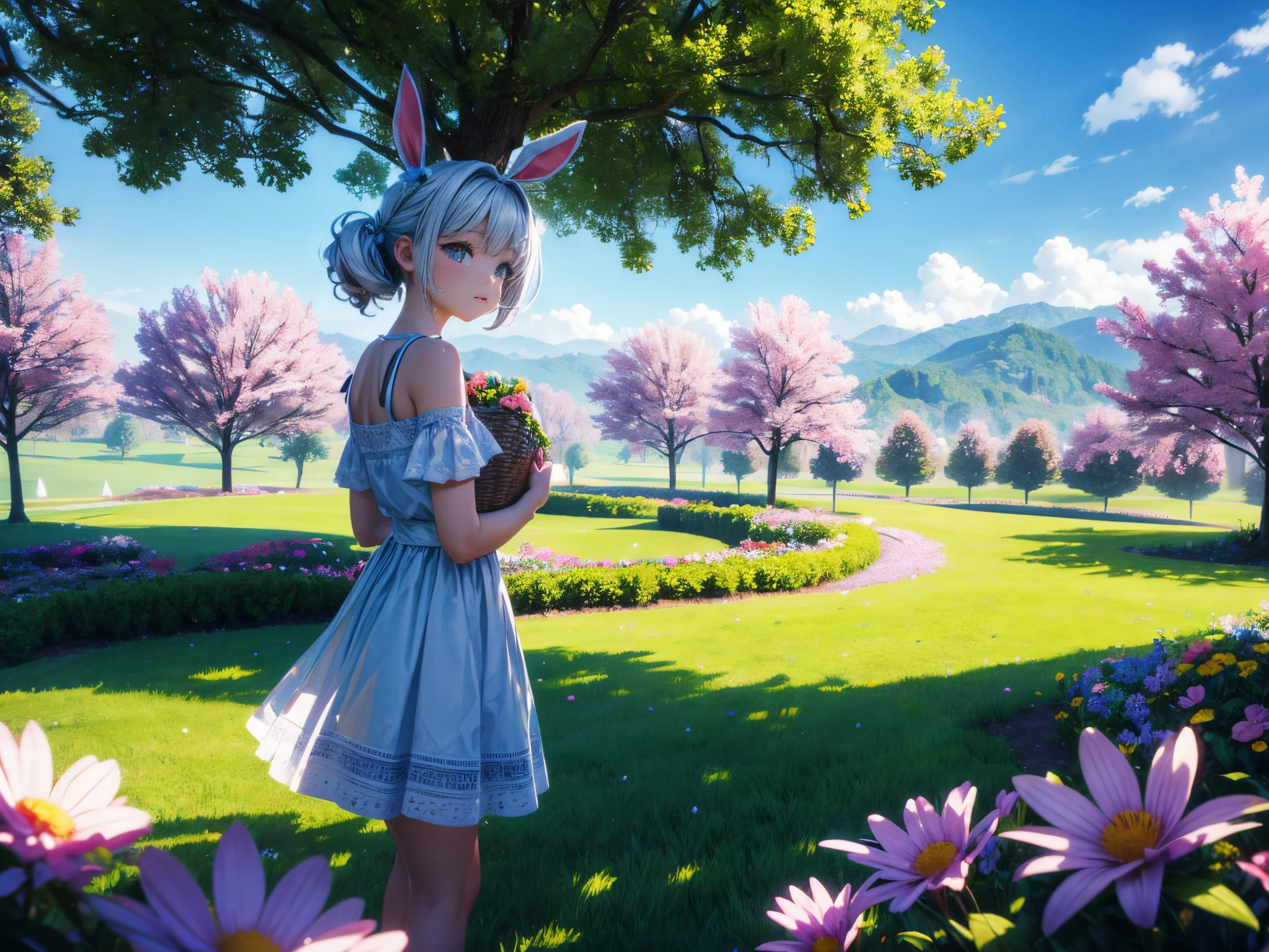 Pan across a wide, Easter-themed landscape where 3D basic symbols and shapes blossom like flowers. Create a visually stunning scene celebrating both nature and simplicity.