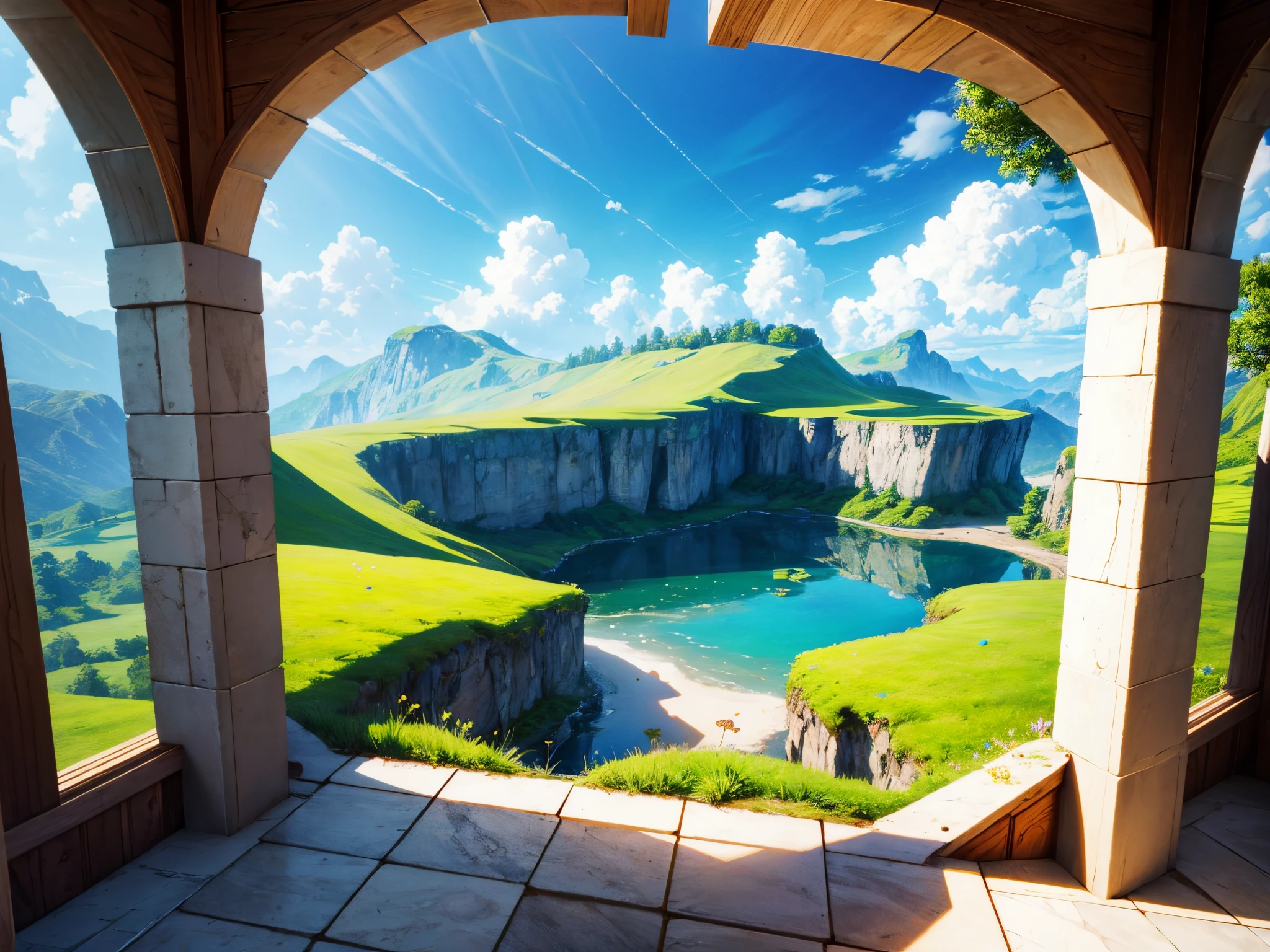 Pan across a wide, Easter-themed landscape where 3D basic symbols and shapes blossom like flowers. Create a visually stunning scene celebrating both nature and simplicity.